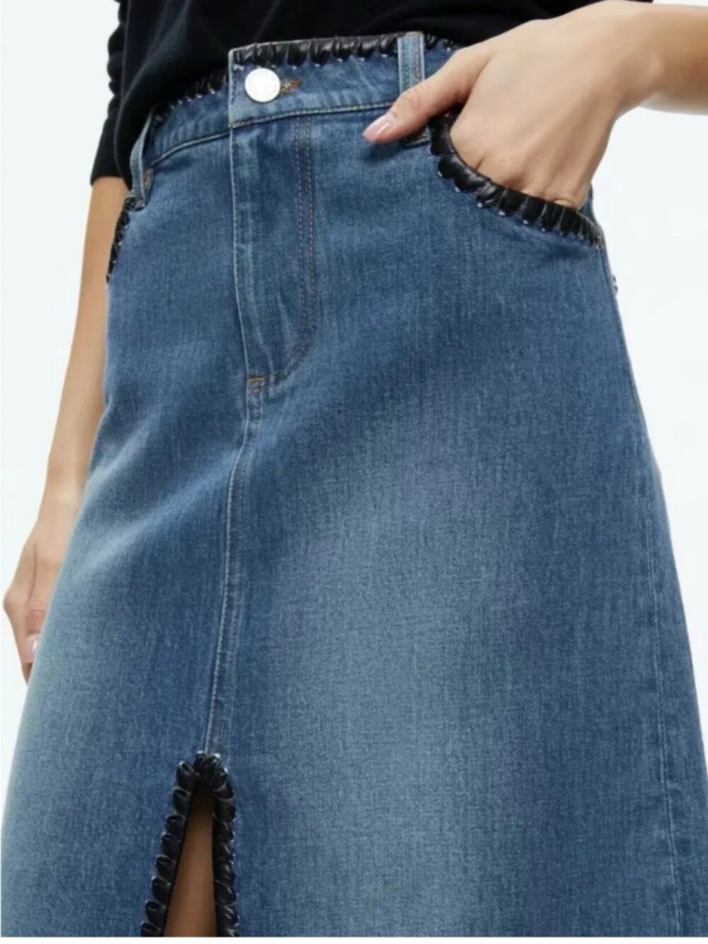 Alice + Olivia Denim Midi Skirt with Black Leather Trim